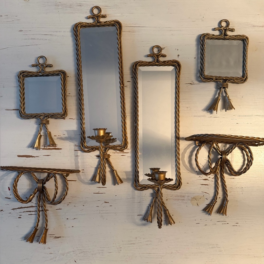 Vintage MCM Gold Rope Wall Sconces, Shelves & Mirrors Set